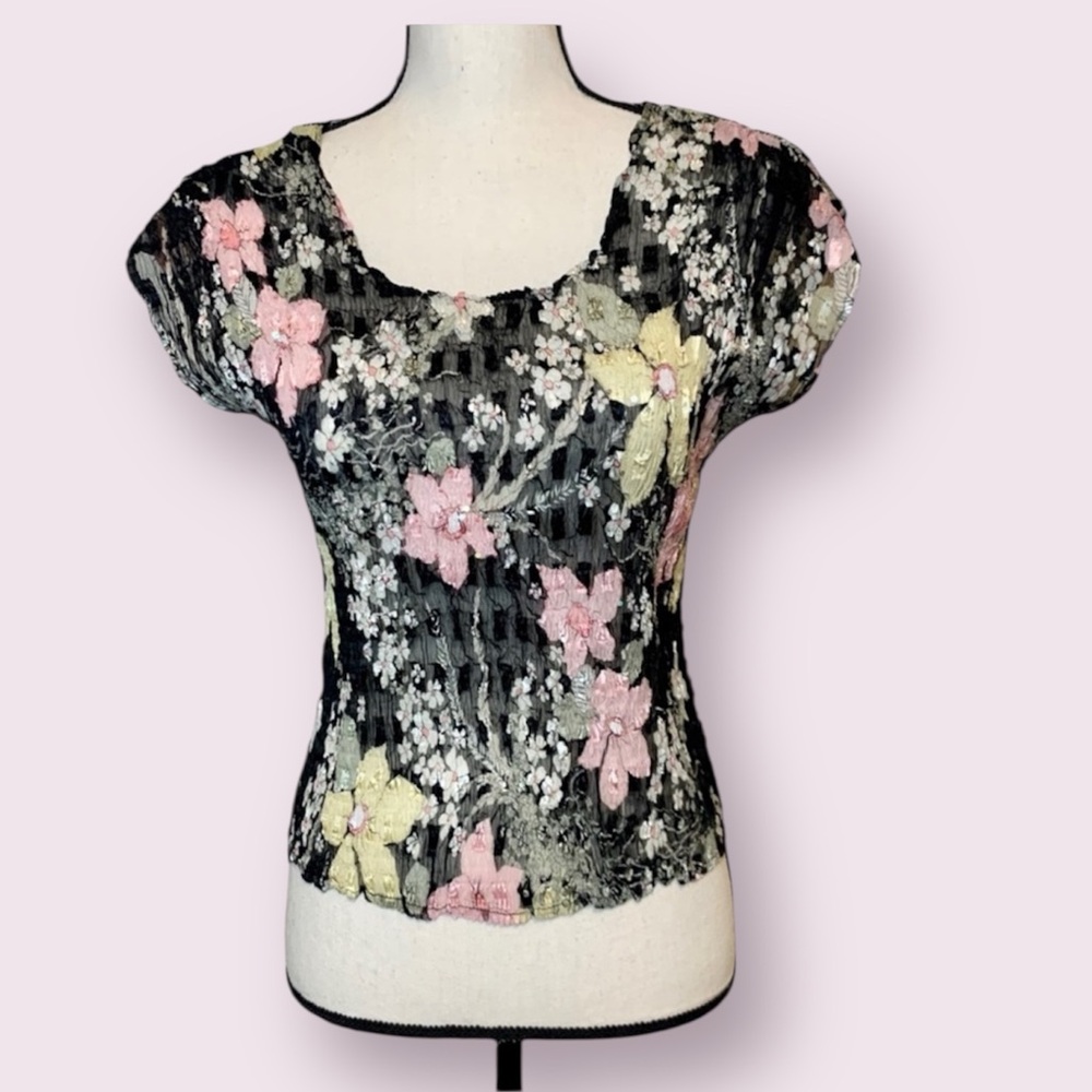 Alberto Makali Floral Semi-Sheer Top Short Sleeves Sequins Details Black Medium - Picture 2 of 14